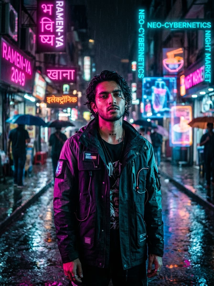 Rain-slick street, magenta and cyan